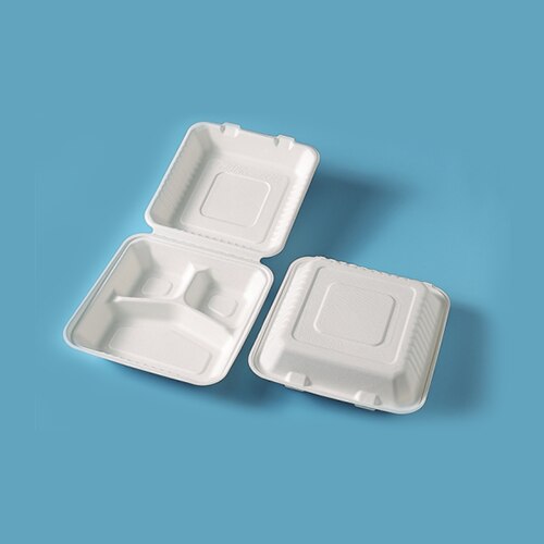 FFB001 3-compartment bagasse clamshell box, white, 23.1x23.1x8.1cm