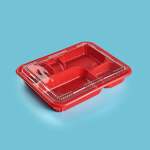 FFB003 red PP compartment tray with clear dome lid, 300x228x70mm