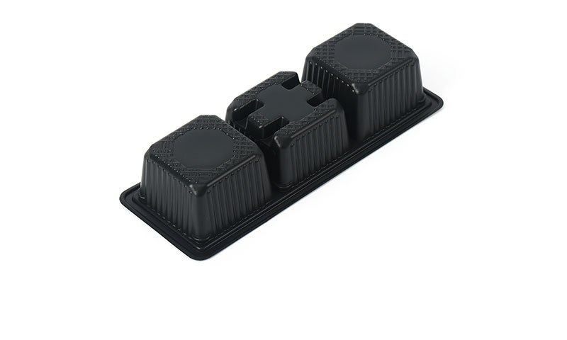 Black PP multi-compartment deli trays on white background