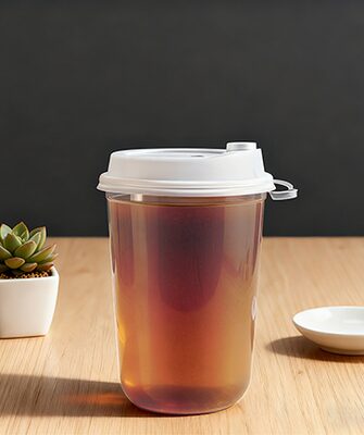 Iced tea cup with dome lid on a wooden table