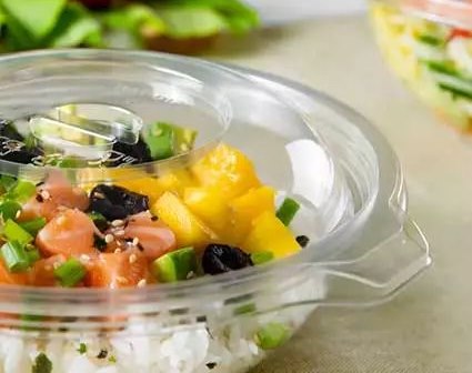 Disposable sushi and salmon poke bowl with clear dome lid